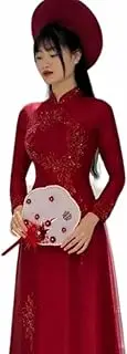 [HOADINH5953] Traditional Vietnamese Wedding Ao Dai. High Neck, Handmade Flowers. Ao Dai Set Including Ao Dai and Pants