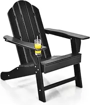 Costway Adirondack Chair with Cup Holder, Outdoor Patio Weather Resistant Adirondack Chair, Fire Pit Chair for Porch, Garden, Poolside and Beach (Black)