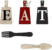 Folpus 5x Cutting Board Eat Sign Set Hanging Art, Rustic Wood Decoration, Fork and Spoon Wall Decor for Hotel, Living Room, Home, B