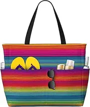 [Ghjkfbf] Rainbow Pattern Print Large Capacity Beach Travel Bag For Family, Beach Tote Bag For Women With Zipper Pockets, Black, One Size