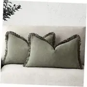 Set of 2 Decorative Linen Fringe Lumbar 20" x 12" (Pack of 2) Olive Green