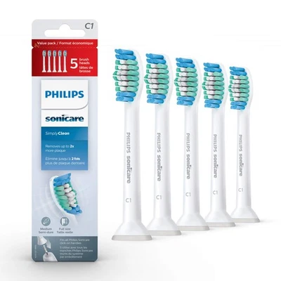 Philips Genuine SimplyClean Replacement Toothbrush Heads, 5 Brush Heads, Whit...