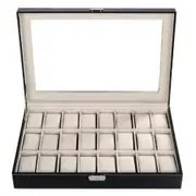 Black Pu Leather Watch Display Stand Box Flannelette Grids with Glass Cover-24 Slot
