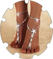 [Woeoe] Boho Crystal Anklet White Starfish Ankle Chains Beach Pearl Barefoot Sandals Ankle Bracelet Summer Foot Chain Jewelry for Women and Girls