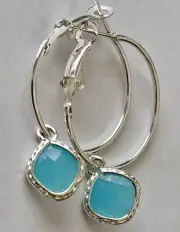 Ocean Blue Rhinestone and Silver Lever Back Hoop Earrings