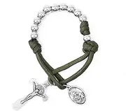 [Nazareth Store] Olive Military One Decade Paracord Rosary Silver Beads Pocket Car Rosary Pray For Us St. Joseph Medal & St. Benedict Cross, Small, Zinc alloy, Ox silver, glass