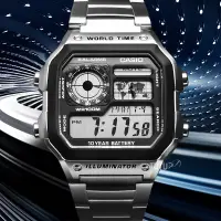 在飛比找蝦皮購物優惠-卡西歐運動手錶復古鋼帶學生戶外方形電子男表AE-1200WH