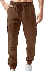 [Generic] Men's Elastic Waist Tapered Cargo Pants Solid Casual Comfort Joggers Trousers Drawstring Stylish Work Sweatpants