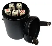 16mm Spanish Poker Dice Ivory Tone + Deluxe Dice Cup Black w/Storage Compartment