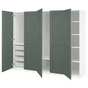 PAX / GRIMO wardrobe combination, white/grey-green, 250x60x201 cm