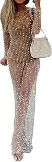 [Chloefairy] Women's Rhinestone Mesh Dress Pearl Cover Up Dress Sexy Sheer Coverups for Swimwear Bikini Bathing Suit Beachwear