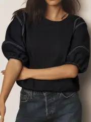 Slightly Stretchy Contrast Stitch Half Sleeve Top