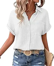 [ABETOS] Women's Blouse Summer Shirt Blouse Short Sleeve Casual Cotton Shirt Linen V-Neck Tops with Buttons and Pocket, White, L