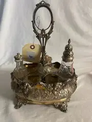 Antique Silverplate Condiment Caddy with Cut Glass Bottles – Victorian Style