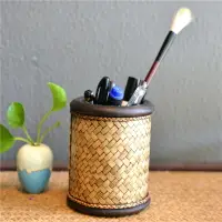 在飛比找樂天市場購物網優惠-泰國進口芒果木制竹編書房毛筆筆筒辦公室桌面擺件藝術創意收納盒