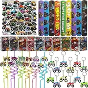 110PCS Monster Truck Party Favors Set,Monster Jam Birthday Decorations Including Truck Theme Slap Bracelets Keychains Gift Bags DIY Stickers Drinking Straws People Monster Truck Birthday Supplies
