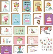 Birthday Cards Bulk with Envelopes & Stickers, 20 Pack 20 Designs Happy Birthday Card Assortment, 15 * 10cm Greeting Cards for Kids Family Friends