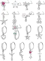 [TAMHOO] 18PCS 20G Nose Rings for Women -9PCS L-Shaped Nose Studs & 9PCS Nose Hoops with Charm Dangling | Stainless Steel & CZ Nose Piercing Jewelry(Gold/Silver)| Hypoallergenic 20Gauge Nose Ring Set
