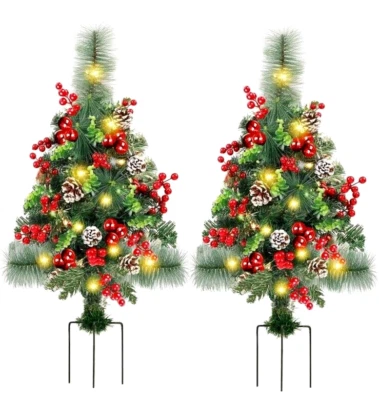 Set of 2 30 Inch Pre-Lit Pathway Christmas Trees, Outdoor Christmas Tree Deco S1