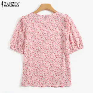 Zanzea 女式韓版短袖泡泡袖碎 魚印花花卉襯衫