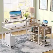 Tribesigns Reversible L Shaped Desk with Drawer, 140cm Corner Desk Home Office Desk with Storage Shelves and Monitor Stand, Rustic Wooden and Metal Computer Desk for Small Space (Oak)