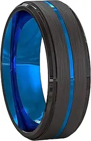 [Mulmoy] 8 mm Men's Tungsten Carbide Ring Thin Blue Line Black Brushed Ladder Edge Groove Ring Men Wedding Band Jewelry Gifts