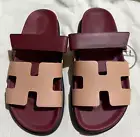 NEW Hermes Chypre Beige Perlino / Rouge H Leather Sandals Slippers Slides 39