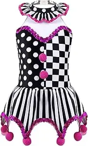 [Hedmy] Kid Girl Clown Costume Outfit Set Sleeveless Sequins Plaid Dress for Halloween Christmas Cosplay Costume