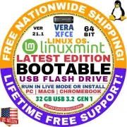Linux MINT 21.1 USB VERA XFCE 64-Bit Live Boot, Full Install for MAC, PC