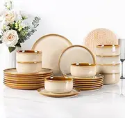 LERATIO Ceramic Dinnerware Sets,Stoneware Plates and Bowls Sets,Reactive Glaze Dishes Set,Highly Chip and Crack Resistant | Dishwasher & Microwave & Oven Safe Dishes set,Service for 8-Kahki (24pc)