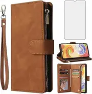 [Asuwish] Mobile Phone Case for Samsung Galaxy A14 4G/A 14 5G/M14 Case with Screen Protector and Card Slot, Foldable Leather Wallet Stand 14A LTE Zip Mobile Phone Cases Protective Phone Case Brown
