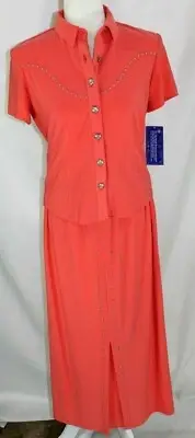 NWT Panhandle Slim Womens SM Coral 2pc SS Button Up & Stretch Waist Maxi Skirt