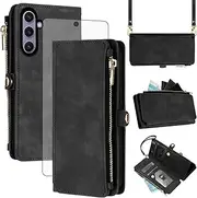 [Asuwish] Mobile Phone Case for Samsung Galaxy S24 Plus S24+ 5G Case with Strap and Film Screen Protector RFID Card Slot Foldable Leather Flowers Wallet Stand S24plus 24S S 24 + 24+ Cases Phone Case