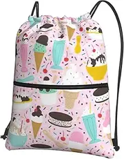EdWal Sweet Ice Cream Print Drawstring Backpack Gym Bags Sports Bags With Zipper Pocket For Travel Swimming Beach, Black, One Size