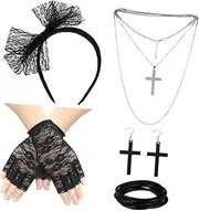 [LIFKOME] 80s Party Set by Full Accessory Kit Black Retro Gloves Lace Headband Cross Necklace Earring Set Dress up for Theme Events