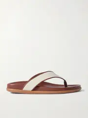 [Ancient Greek Sandals] Ancient Greek Sandals - Charys Leather-trimmed Canvas Flip Flops - Brown - IT36 IT 36 Brown