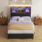 ADVWIN Double Size Bed Frame with LED Storage Shelves & Charging Station, PU Lea