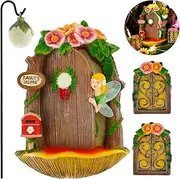Resin Fairy Door Cabin Set, Garden Miniature With Glitter Lamp Glowing Fairies Sleeping Glow in Dark Window for Tree Yard Outdoor (Colorful)