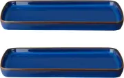 - Imperial Blue Serving Platter Tray Set of 2 - Rectangular Ceramic Stoneware...