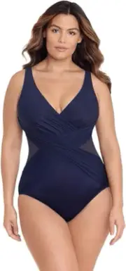 $184 Miraclesuit Plus Size Crossover One Piece Swimsuit, Midnight Blue, 16W