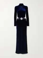 [RABANNE] RABANNE - Cutout Gathered Crystal-embellished Velvet Maxi Dress - Blue - FR 40 FR 40 Blue