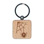 Black Widow Spider and Web Halloween Doodle Engraved Wood Square Keychain