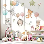 Kingarch Watercolor Animals Fowers Leaves Wall Decals, Flying Balloons Removable Home Room Decor Nursery Murals Stickers for Kids Girls Toddler Bedroom Living Room