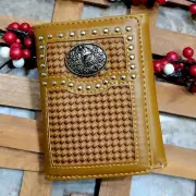 Wolf Head Concho Western Mens Wallet Trifold Faux Leather Basketweave Pattern