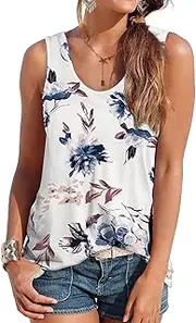 [DUOEASE] Tank Top Women's Summer Sleeveless Tops Summer Fashion Scoop Neck Shirt Women, White Flowers, S