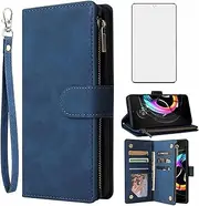 [Asuwish] Mobile Phone Case for Motorola Edge 30 Neo Case with Screen Protector and Card Slot, Foldable Leather Wallet Stand Moto Edge30 Lite 5G Zip Mobile Phone Cases Protective Phone Case Blue