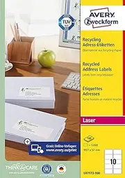 AVERY Zweckform LR7173-100 Recycled Labels (1,000 Address Labels, 99.1 x 57 mm on A4, 100% Recycled Paper, Printable, Self-Adhesive, for C4/C5 Envelopes), 100 Sheets, Natural White