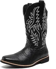 [CHUUMEE] Cowboy Boots for Men Square Toe Fashion Work Boots Embroidered Leather Western Boots Traditional Country Boot for Male, Black, 8.5