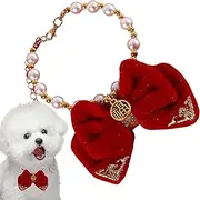 Dog Collar - Cat Pearl Necklace | Adjustable Dog Princess Bow Necklace with Blessing Pendants and Bow | Dog Pearl Necklace Collar | New Year Fancy Cat Wedding Collar for Small Dogs Puppy