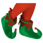 Adult Plush Elf Shoes One Size with Jingle Bells, Red Green - One Pair New